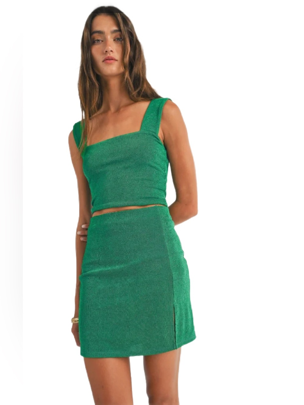 Sage The Label Cacti Green Textured Crop Top Mini Skirt 2 Piece Set Size M NWT
